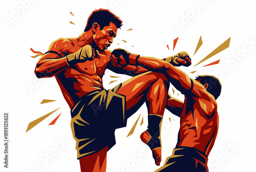 Professional Muay Thai Fighters Exchange Knees and Elbows Illustration, Dynamic Kickboxing Combat Sports Action Vector, Intense Martial Arts Match Competition Graphic