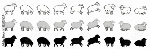 Sheep Vector Icon Set with Clean Outlines, Flat Colored 2D Designs, and Solid Black Silhouettes, Ewe and Lamb Illustrations for Agriculture, Farm, and Livestock Design