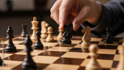 Close-up of a hand moving a black knight chess piece on a classic wooden chessboard during a game.