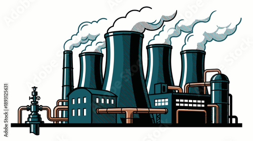 Industrial Coal Power Plant with Cooling Towers and Smoke Stacks Illustration, Fossil Fuel Energy Infrastructure Vector, Heavy Industry Factory and Power Generation Graphic