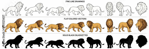 Lion Vector Icon Set with Fine-Line Drawings, Flat Colored Vectors, and Solid Black Silhouettes, African King of the Jungle Illustrations for Wildlife, Nature, and Strength Design
