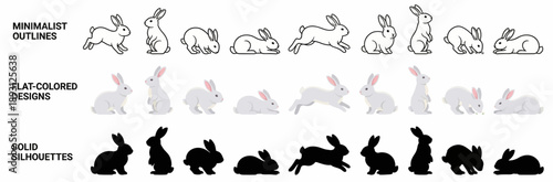 Rabbit Vector Icon Set with Minimalist Outlines, Flat Colored Designs, and Solid Black Silhouettes, Bunny and Hare Illustrations for Nature, Wildlife, and Pet Care Design