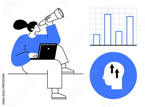 Data analysis concept. A woman with a laptop and telescope s forward-thinking and strategy. Data analysis integrates charts, growth planning, and innovation. Great for business, education, tech