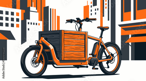 Electric Cargo Bike with Wooden Delivery Box Illustration, Sustainable Urban Logistics E-Bike Vector, Green Transportation and Last-Mile Delivery Concept in Orange and Charcoal