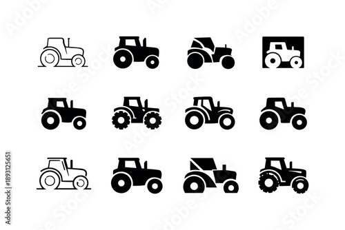 Diverse Tractor Logos. Farming machinery. Icon set. Set Logo of Farming machinery: tractor silhouette. harmonious logo variations of the same emblematic