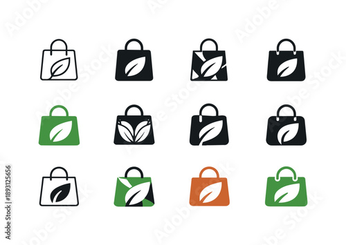Ethical Consumerism Icons. Ethical consumerism guides. Icon set. Set Logo of ethical consumerism guides: shopping bag with leaf symbol. harmonious logo