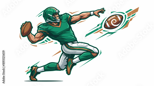 Professional American Football Quarterback Throwing Pass Illustration, Dynamic Gridiron Sports Action Vector, Intense Football Match Competition Graphic in Green and White