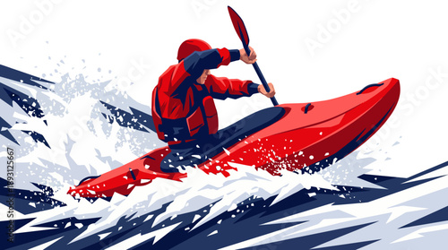 Professional Whitewater Kayaker Navigating Rapids Illustration, Extreme River Sports Action Vector, Dynamic Kayaking Motion Graphic in Red and Navy Blue