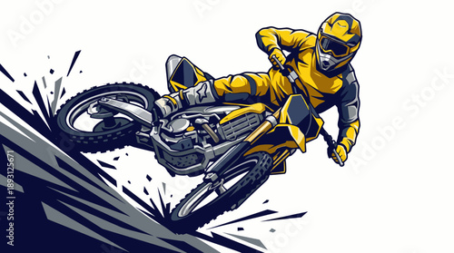 Professional Motocross Rider Drifting on Dirt Track Illustration, Extreme Off-Road Motorcycle Racing Action Vector, Dynamic Dirt Bike Motion Graphic in Yellow and Navy Blue