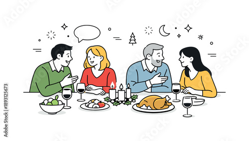 Festive Table Talk. Holiday celebration around table conversation. Guests leaning slightly toward each other while talking, friendly exchange and calm festive