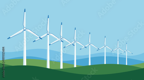 Offshore Wind Turbine Farm in the Ocean Illustration, Renewable Energy Windmill Array Vector, Sustainable Green Power and Clean Technology Concept Art