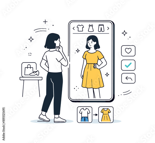 Smart Mirror Fashion. Virtual try-on mirror. A person tests clothes in front of a smart mirror that changes outfits instantly. Focused choice, convenience,