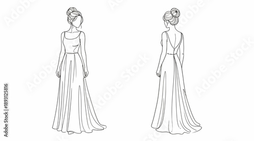 Women's V-Neck Sleeveless Maxi Dress Technical Flat Sketch, Front and Back View Long Evening Gown, Fashion Vector Template for Formal Apparel Design