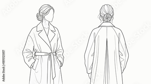 Women's Belted Trench Coat Technical Flat Sketch, Front and Back View Oversized Raglan Sleeve Overcoat, Fashion Vector Template for Outerwear Design