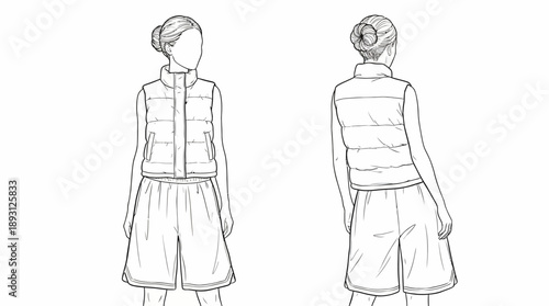 Women's Quilted Puffer Vest and Basketball Shorts Technical Flat Sketch, Front and Back View Athleisure Outfit, Fashion Vector Template
