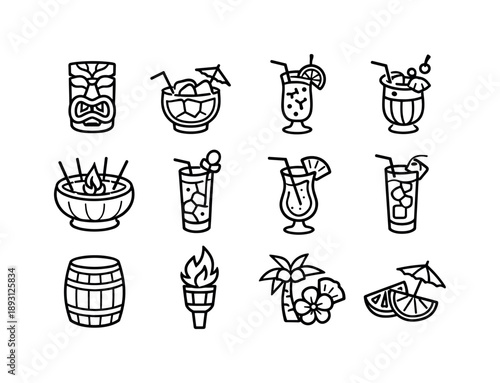 Tiki Drink Icons. Tiki drinks. Line icon set of Tiki drinks: tiki mug, mai tai, zombie cocktail, painkiller drink, scorpion bowl, rum swizzle, blue hawaii,