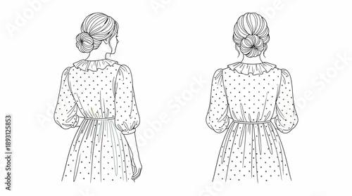 Women's Long-Sleeve Polka Dot Wrap Dress Technical Flat Sketch, Front and Back View Summer Midi Dress with Ruffled Collar, Fashion Vector Template