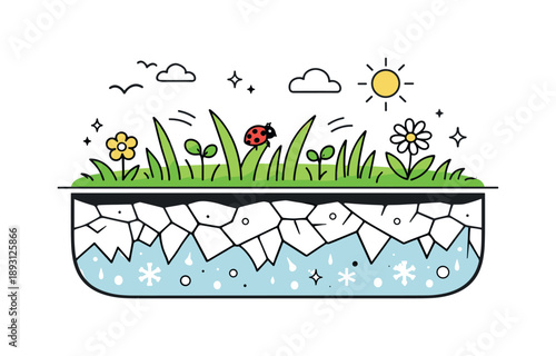 Spring Transition. Frozen ground to grass illustration. A cross-section view showing icy earth below and new green growth above the surface. The illustration