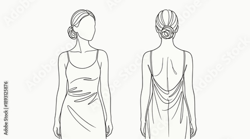 Women's Cowl Back Slip Dress Technical Flat Sketch, Front and Back View Camisole Maxi Dress, Fashion Vector Template for Silk and Satin Apparel