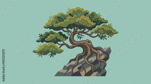 Detailed Japanese Bonsai Tree on Rocky Cliff, Zen Nature Illustration of Ancient Pine with Exposed Roots, Asian Art Vector for Meditation and Peace