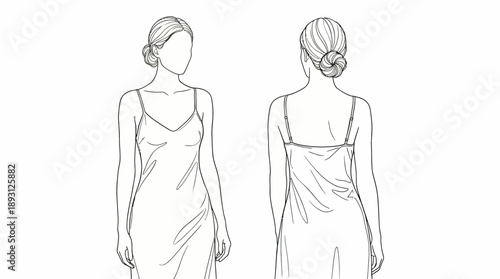 Women's Slip Dress Technical Flat Sketch, Front and Back View of V-Neck Camisole Nightgown, Fashion Vector Template for Lingerie and Sleepwear Design
