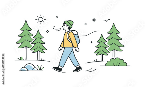 Mindful Pine Stroll. Pine trees and fresh air. A person walking calmly among pine trees, slow movement and mindful outdoor moment. Sense of relaxation,
