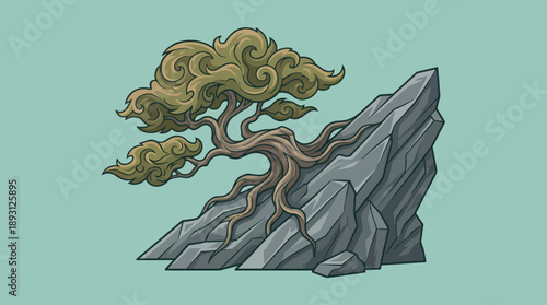 Traditional Japanese Bonsai Tree Growing on Rock, Zen Style Illustration of Pine Tree with Roots on Cliff, Asian Art Inspired Nature Vector