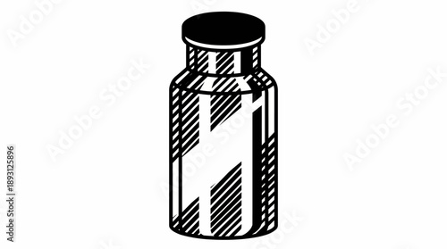 Black and White Medical Vial Illustration, Vintage Engraving Style Vaccine Bottle Icon, Laboratory Glassware for Chemistry and Healthcare Research
