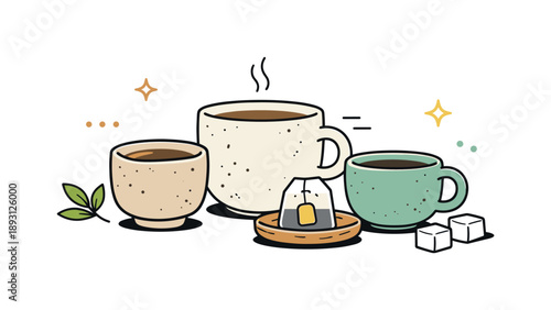 Cozy Stoneware Tea Cups. Stoneware tea cups. A set of handmade stoneware tea cups arranged calmly on a table, subtle texture and natural imperfections creating