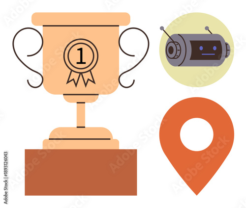 Achievement, competition, technology, navigation, progress, future innovation. Golden trophy with number one, robot face orange location pin. Achievement and competition in combination