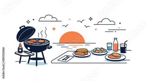 Sunset Barbecue Bliss. Barbecuing at sunset ? summer atmosphere. Abstract editorial scene of a grill, plates, and sunset sky, capturing the feeling of a warm