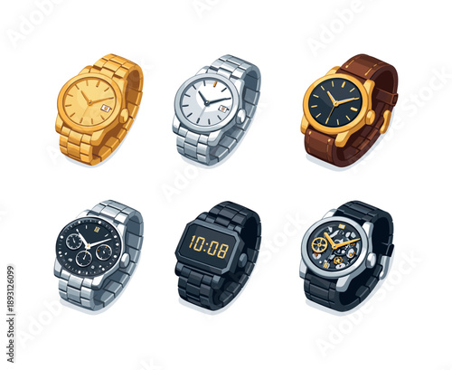 Luxury Wristwatch Collection. Luxury watch. Isometric flat vector icons set of luxury watch: gold wristwatch, silver wristwatch, leather strap watch,