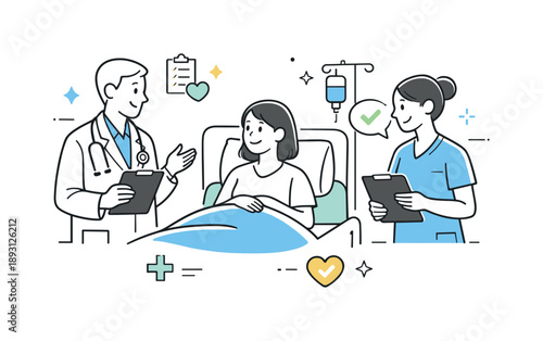 Hospital Care Dialogue. Compassionate hospital care. A doctor and nurse calmly discussing recovery steps with a patient, friendly communication and trust.