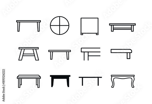 Table Icon Set. Table. Line icon set of Table: rectangular dining table, round table top view, square table, coffee table, wooden table legs, table side view,