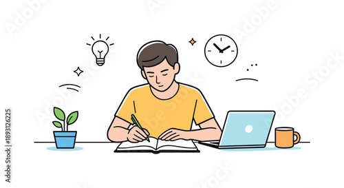Minimalist Focused Workspace. Focused awareness. A person works calmly at a desk with only essential elements visible. Simplicity, concentration, and mental