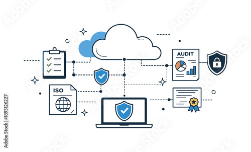 Cloud Compliance Essentials. Cloud compliance and security. Documents and checklists connected to cloud icons, structured and reassuring scene. Editorial