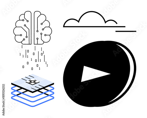 Artificial intelligence, cloud storage, data analytics, digital transformation, online media, future technology. Brain with circuits, cloud icon play button and data chip. AI and cloud computing