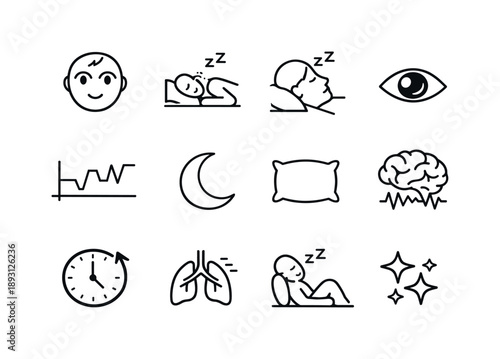 Sleep Stages Icons. Sleep stages. Line icon set of sleep stages: awake icon, light sleep, deep sleep, REM cycle eye, sleep graph, moon, pillow, brain wave,