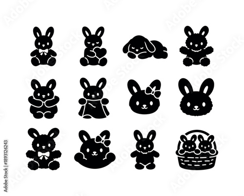 Plush Bunny Icon Grid. Baby Plush Bunny. Solid icon set of Baby Plush Bunny: baby rabbit toy, comfort companion, nap time bunny, fuzzy toy, toddler hug, bunny