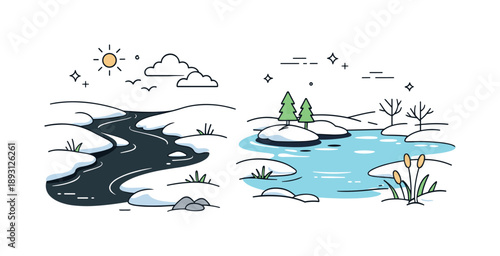 Thawed Waterways Scene. Thawed Rivers and Lakes. Snow melting along river edges, exposing dark water beneath. Soft hopeful mood with natural seasonal change.