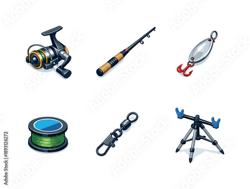 Fishing Gear Icons. Spinning Gear. Isometric flat vector icons set of Spinning Gear: spinning reel, carbon fishing rod, metal spoon lure, braided line spool,