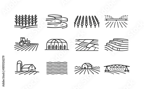 Agricultural Icon Grid. Agricultural Fields. Line icon set of Agricultural Fields: cornfield lines, rice paddy layout, vineyard rows, field irrigation, tractor