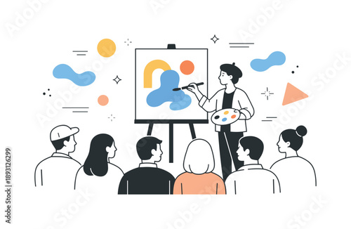 Live Painting Performance. Live painting event. An artist paints on a large canvas in front of an audience, calm focus and creative energy in the air. People