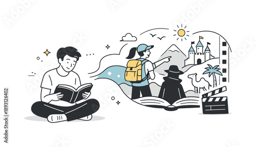 Imagination Onscreen. From page to screen. A person reading a book while a film scene appears nearby, visually connected. The illustration conveys imagination,