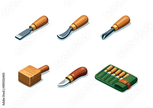 Wood Carving Tools. Wood Carving Tools. Isometric flat vector icons set of Wood Carving Tools: straight chisel, curved gouge chisel, V-parting tool, wooden