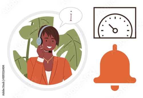 Customer service, notifications, speed tracking, support assistance, communication, and digital interaction. Smiling headset operator, speed gauge and alert bell symbol. Customer service