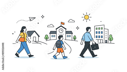 Hopeful Resettlement Journey. New life after resettlement. Individuals confidently walk toward homes, schools, or workplaces, symbolizing progress