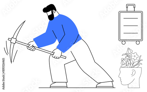 Man focused on using pickaxe, accompanied by suitcase and head sprouting flowers. Ideal for themes of work, travel, personal growth, creativity, progress, dedication and mindfulness. A simple flat