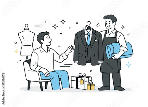 Custom Fashion Experience. Custom fashion experience. Client receiving finished tailored clothing, relaxed and satisfied interaction. Friendly editorial scene