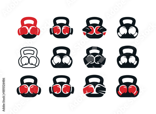 Boxing Fitness Logos. Boxing fitness workouts. Icon set. Set Logo of boxing fitness workouts: kettlebell for conditioning. harmonious logo variations of the